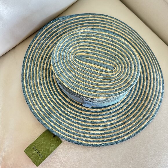 NWT GUCCI BLUE STRAW STRIPED HAT BOATER 100% Authentic Size M - Picture 7 of 10